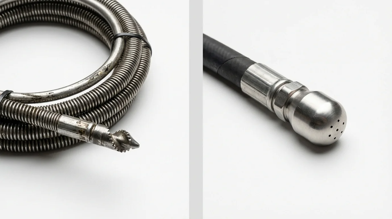 Drain snake cable and hydro jetting nozzle used for drain cleaning in Brooklyn, IN