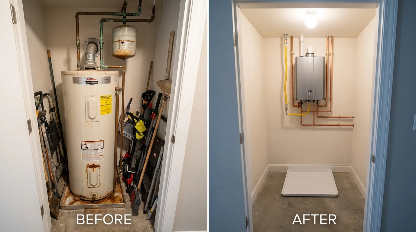 Tank water heater versus wall-mounted tankless unit comparison for Brooklyn, IN homeowners