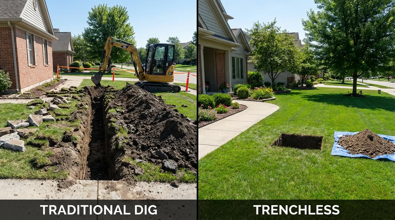 Trenchless sewer repair with minimal yard damage versus traditional excavation in Brooklyn, IN