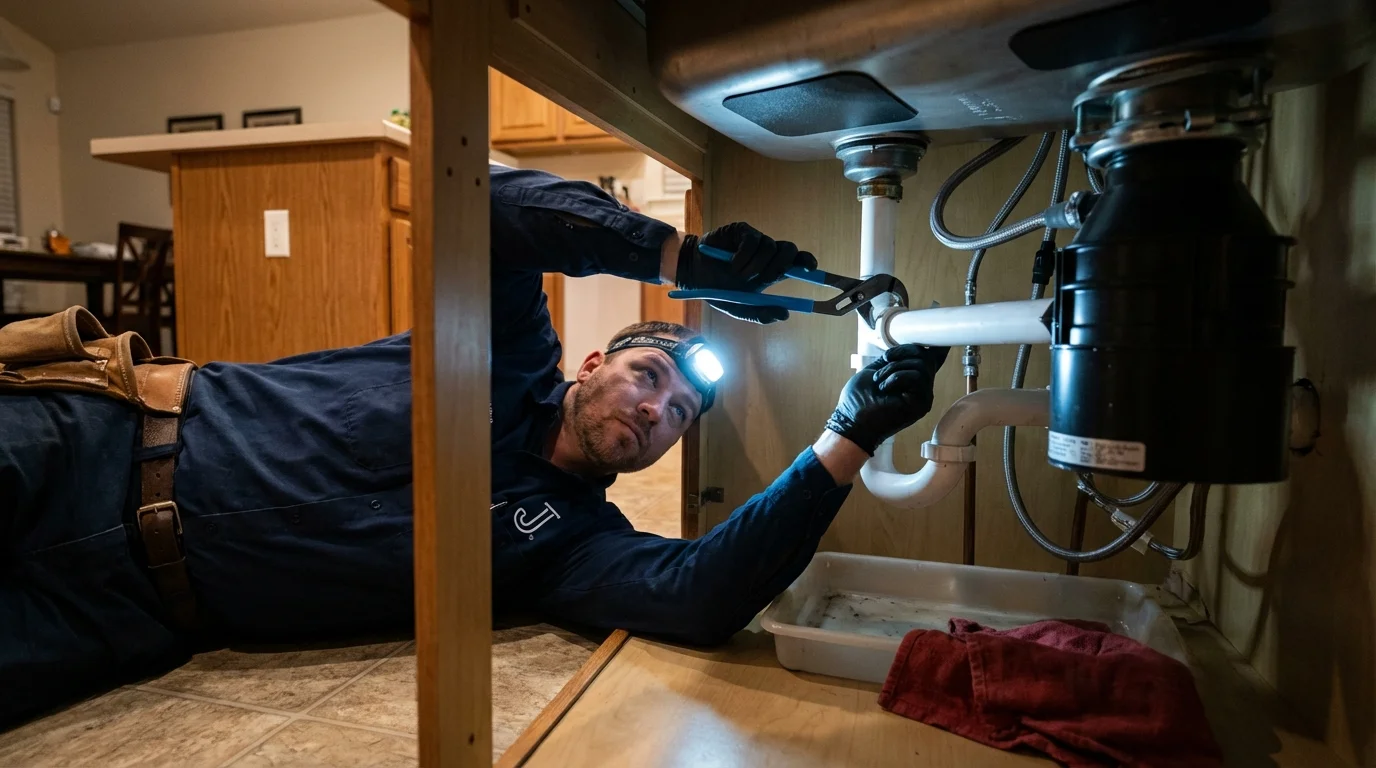 P-trap and supply line connections under a kitchen sink showing a common leak point in Brooklyn, IN